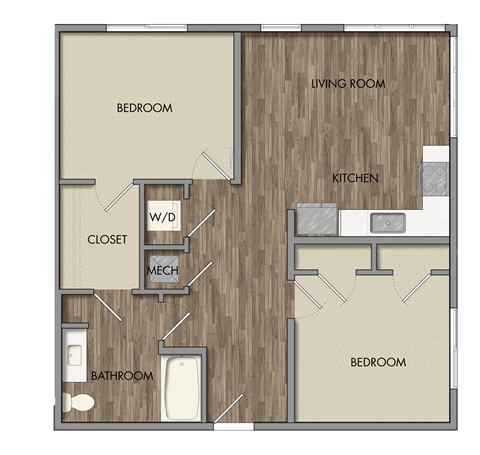 Floor plan for 2 beds, 1 bath, 890 sqft